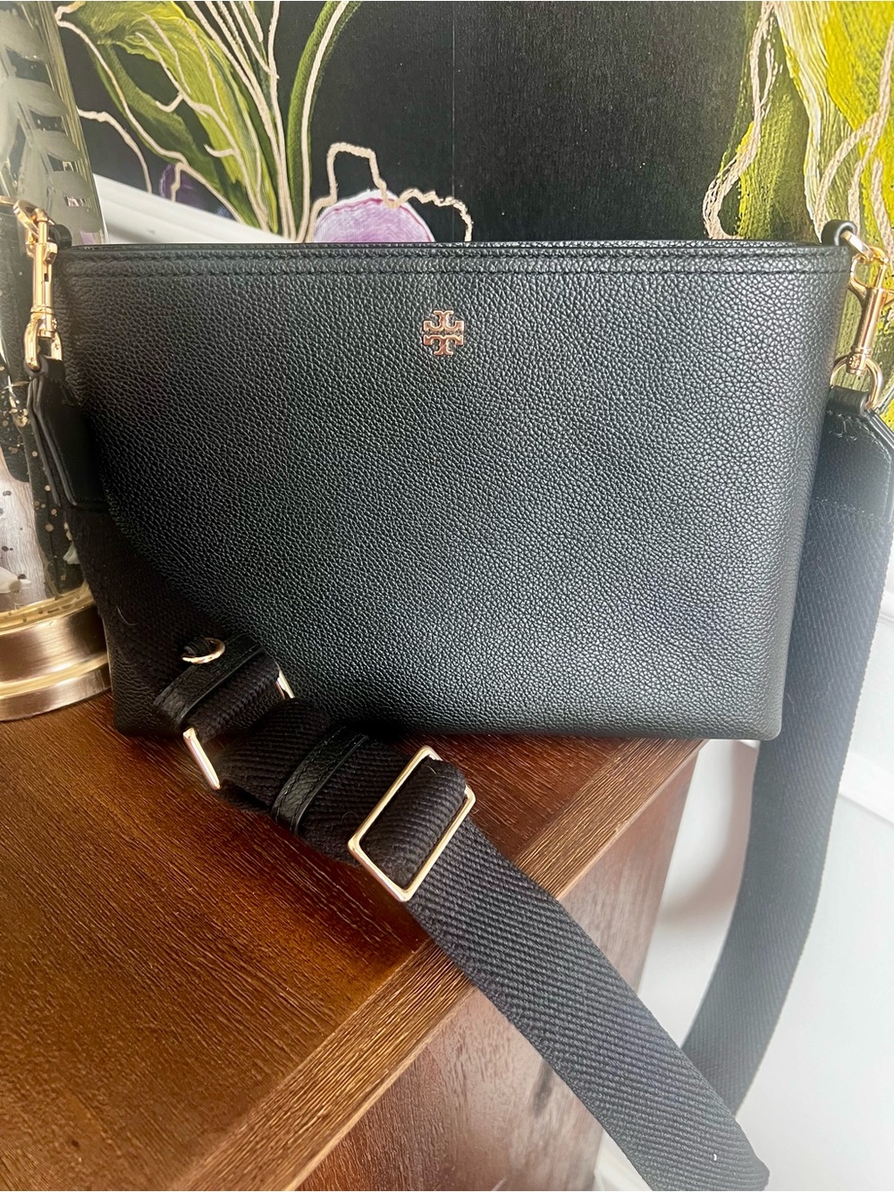 Tory Burch Black Pebbled Leather Crossbody with Gold Hardware and Wide Strap
